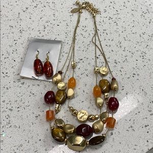 Bead necklace and earrings. Gold and earth tones.